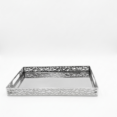 Modern Geometric Laser-Cut Metal Tray – Polished Silver Mirror Finish