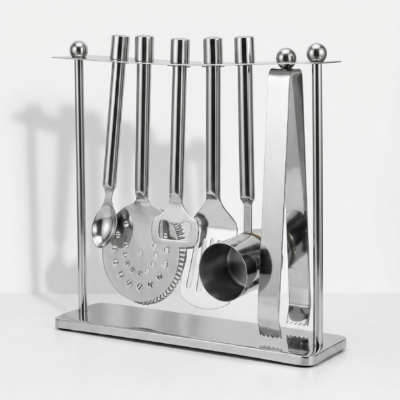 Artisan-Crafted 7-Piece Stainless Steel Bar Tool Set with Minimalist Display Stand