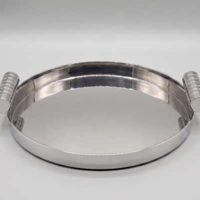 High-Polish Circular Serving Tray with Textured Handles